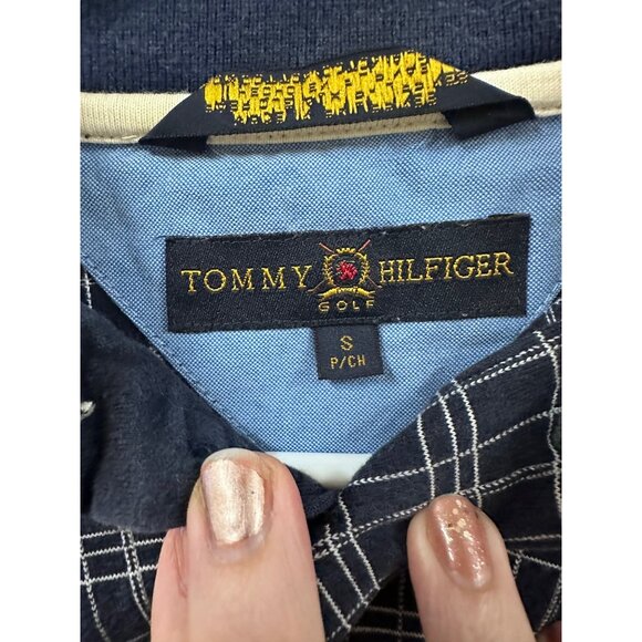 🌸3/$15🌸Small Plaid Navy Blue with Yellow Thin Stripes Polo Shirt sz Smal - Picture 3 of 4